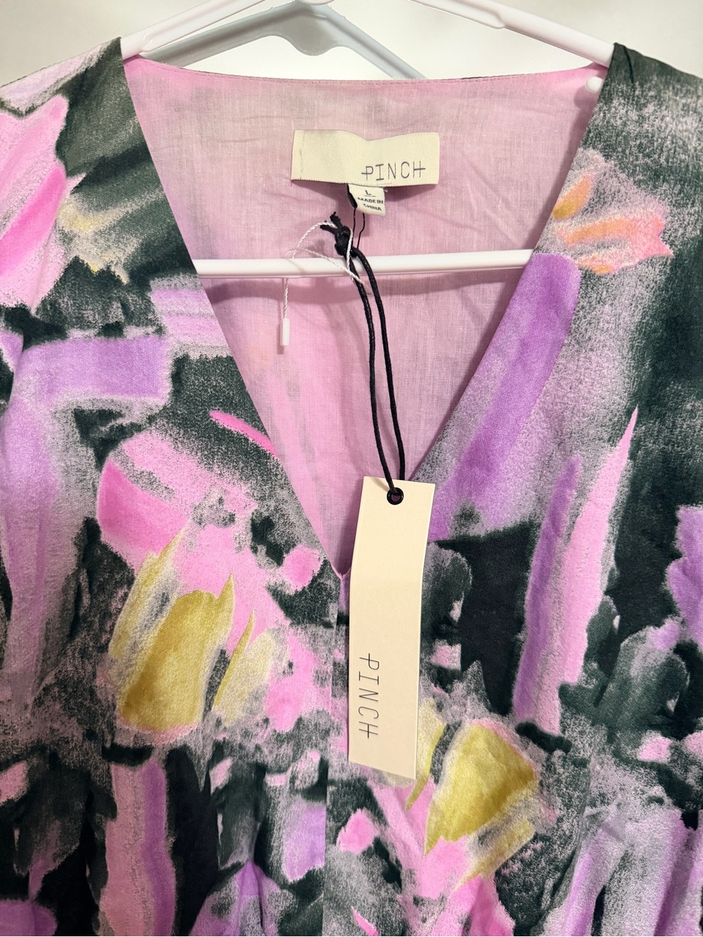 Pinch Brushstroke Puff-Sleeve Midi Dress - Pink, Black & Yellow - Picture 3 of 3